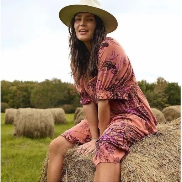 Anthropologie Pink Orange Smocked Floral Botanical Midi Dress with puff sleeves - Picture 3 of 12